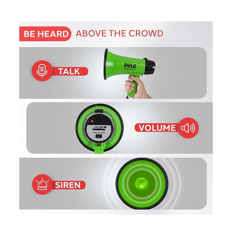 Pyle 20-Watt Mini Megaphone Speaker with Siren, Adjustable Volume, Lightweight, Battery Operated, Green Bullhorn