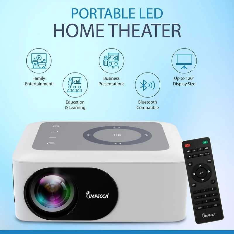 Impecca Portable Home Theater Projector, 80 Ansi Lumens, 720P, up to 120”