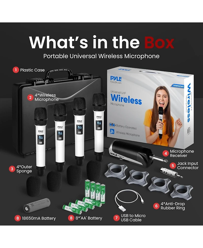 Pyle Uhf Wireless Microphone System - 4 Handheld Mics, 4-Channel Receiver, Usb Charging