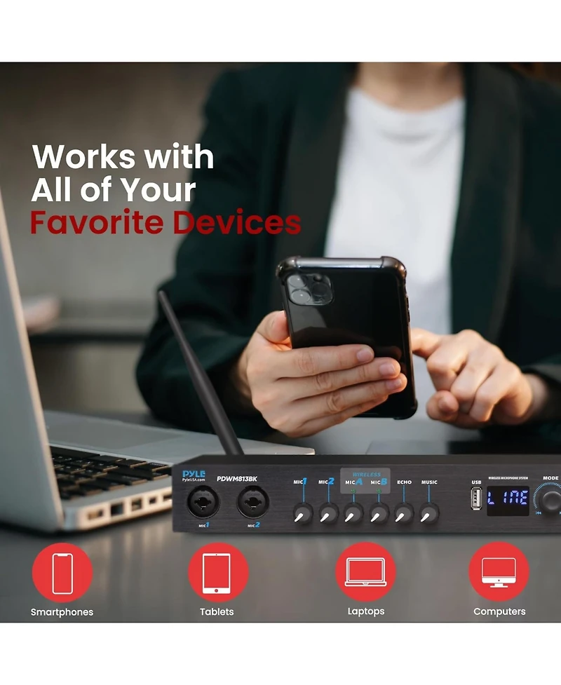 Pyle Uhf 2-Channel Wireless Microphone System with Bluetooth Receiver, Portable Mixer, Handheld Mics, Black