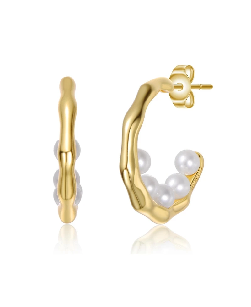 Sterling Silver 14K Gold Plated with Freshwater Pearl C Hoop Earrings