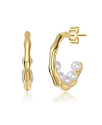 Sterling Silver 14K Gold Plated with Freshwater Pearl C Hoop Earrings