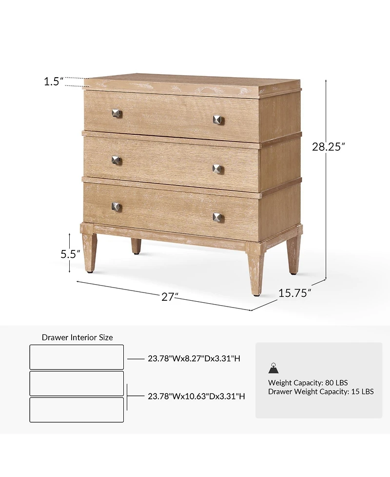 Hulala Home Ugo Transitional 3-Drawer Nightstand with Square Tapered Legs and Metal Knob