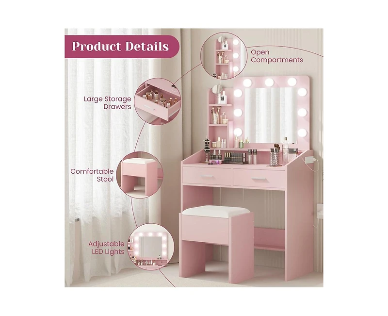 gaomon Vanity Desk with Mirror and Lights, Makeup Vanity with Power Outlet & Cushioned Stool, 3 Lighting Modes Adjustable Brightness