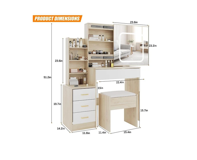 gaomon Vanity Desk with Sliding Mirror and Lights, Makeup Vanity Set with Power Outlet, 4 Drawers, Stool, Open Shelves, 3 Color Lighting Modes