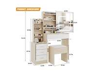 gaomon Vanity Desk with Sliding Mirror and Lights, Makeup Vanity Set with Power Outlet, 4 Drawers, Stool, Open Shelves, 3 Color Lighting Modes