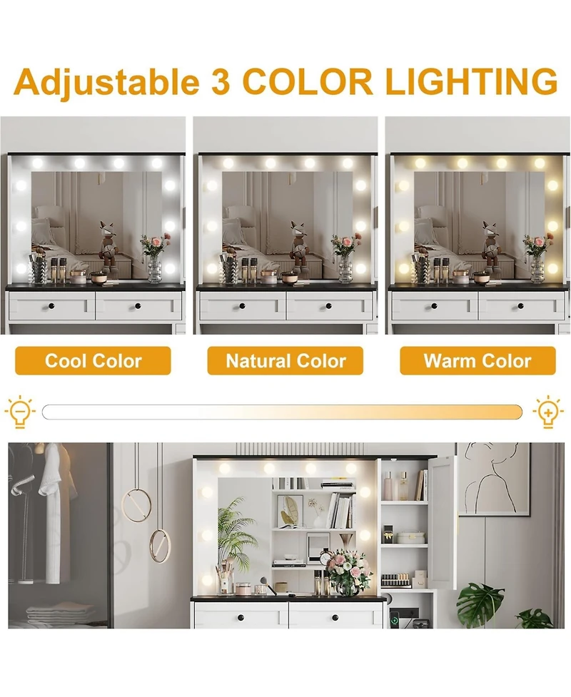 gaomon Makeup Vanity Stool Set, Small Vanity Desk with Lighted Mirror, Charging Station, 5 Drawers