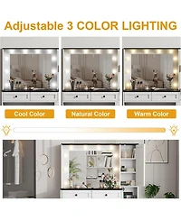 gaomon Makeup Vanity Stool Set, Small Vanity Desk with Lighted Mirror, Charging Station, 5 Drawers