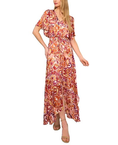 CeCe Women's Smocked Waist Flutter Sleeve Maxi Dress