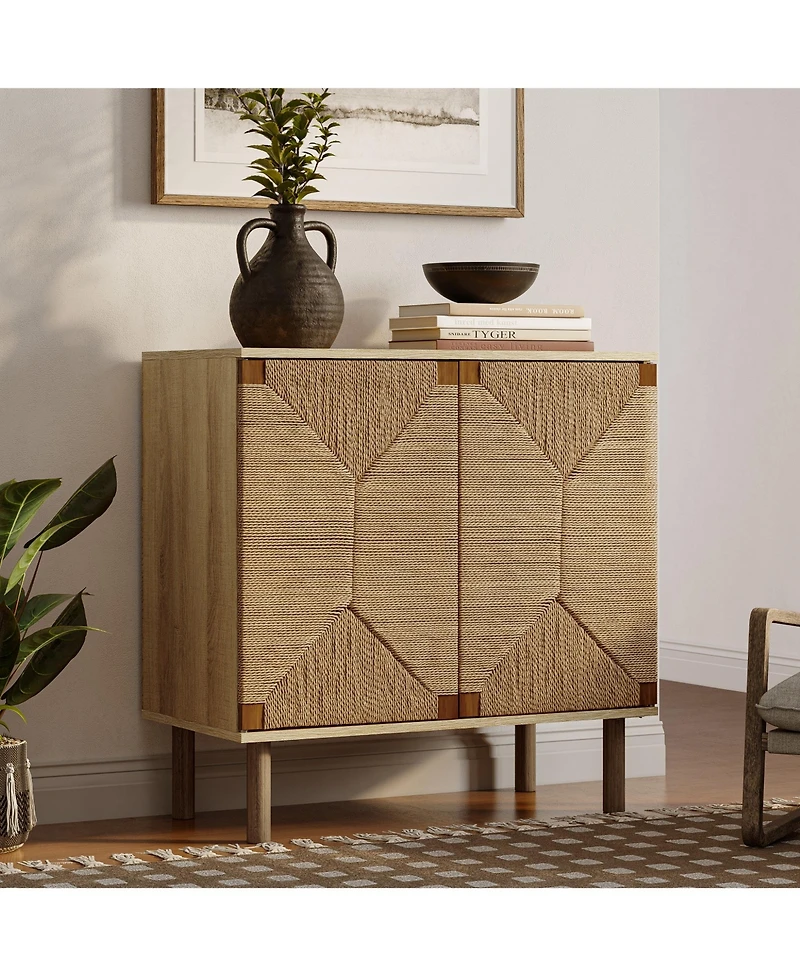 LuxenHome Mid-Century Modern Rope 2-Door Cabinet with Wood Legs
