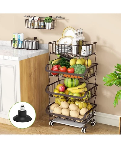 Tribesigns Fruit Vegetable Basket, 3 Tier Stackable Metal Wire Basket Cart with Rolling Wheels, Utility Rack for Kitchen, Pantry, Garage, with 2 Free