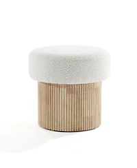 LuxenHome Modern Upholstered Ivory Footstool with Storage and Wood Fluted Base