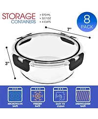 Sorbus 16 Piece Round (970ml/ 32.7oz/ 4cups) Glass Meal Prep Containers with Airtight Lids - Preserves Freshness, Oven Safe, durable, Bpa-free