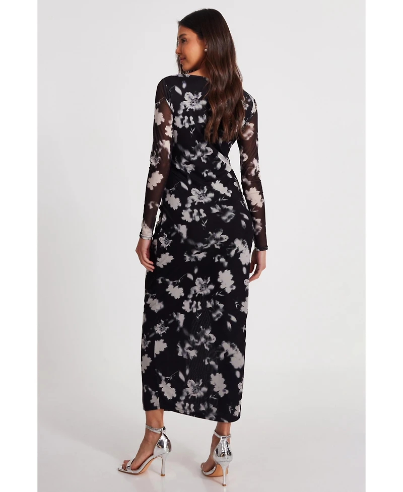 Quiz Women's Mesh Floral Long Sleeve Maxi Dress