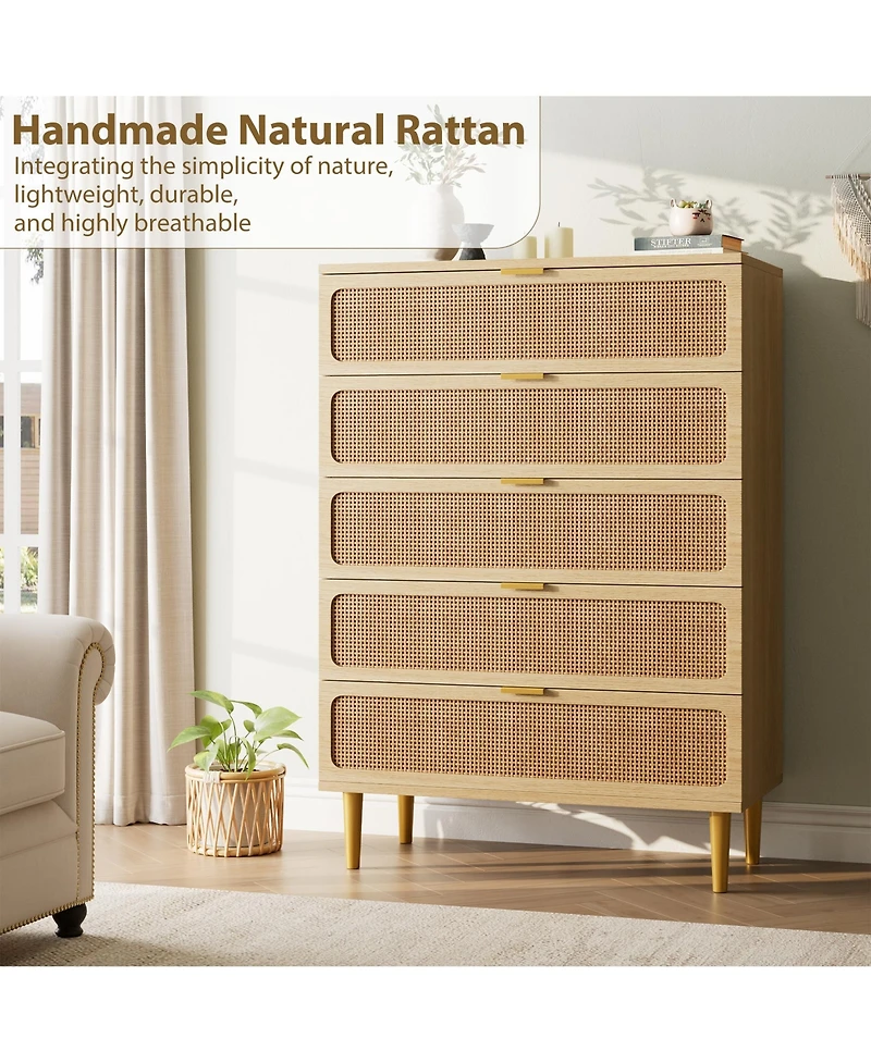 gaomon Rattan 5 Drawer Dresser for Bedroom, Large Double Dresser with Deep Drawers