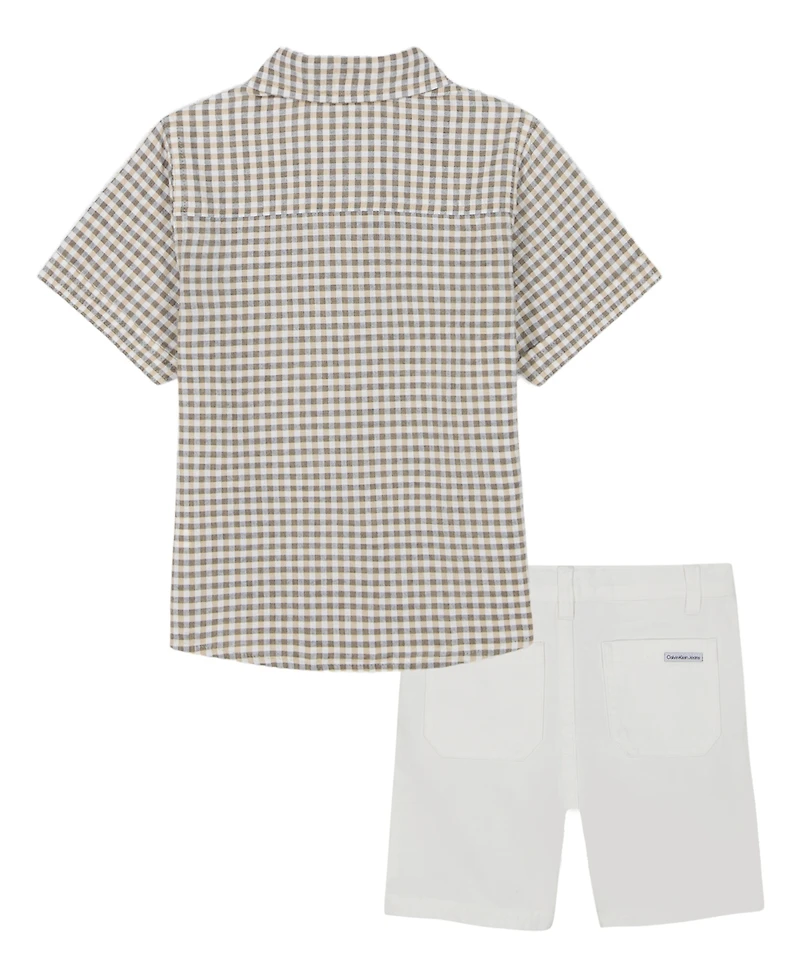 Calvin Klein Toddler and Little Boys Seersucker Check Short Sleeve Shirt Twill Shorts, 2-Piece Set
