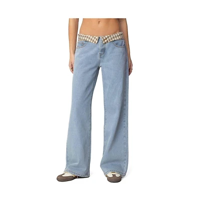 Edikted Womens Peekaboo Plaid Low Rise Jeans