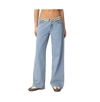 Edikted Womens Peekaboo Plaid Low Rise Jeans