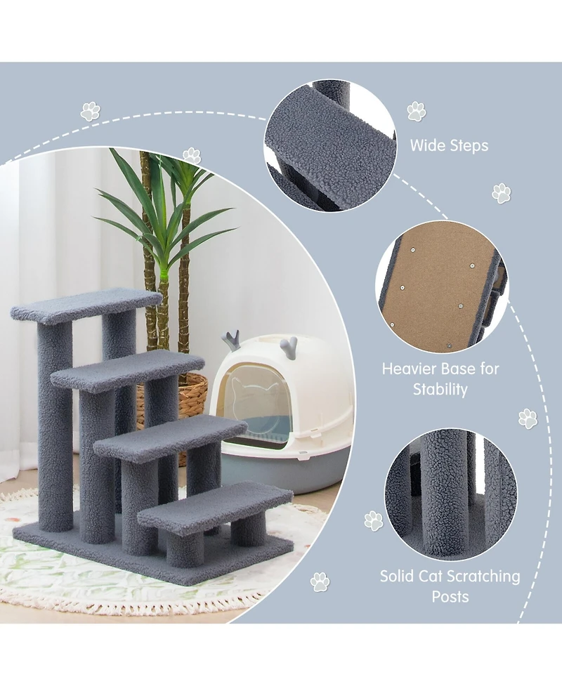 Gymax 24'' 4-Step Pet Stairs Carpeted Ladder Ramp 8 Scratching Post Cat Tree Climber