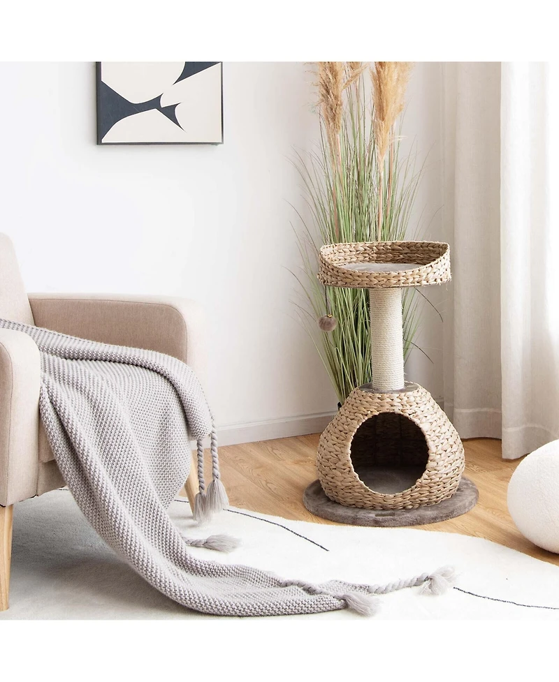 Gymax 28'' Hand-Made Cat Tree Tower Natural Bowl Shaped w/Perch