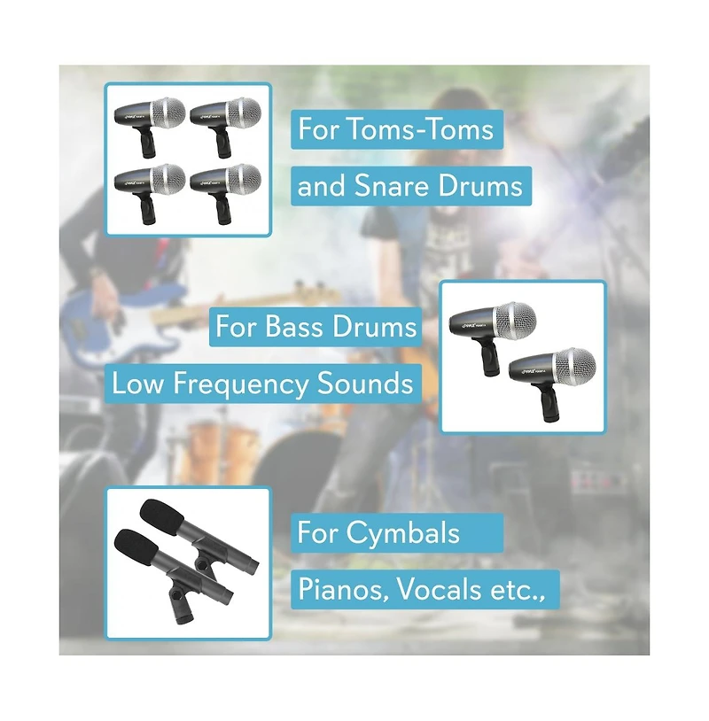Pyle 7-Piece Wired Drum Microphone Kit with Carry Case & Mounting Accessories