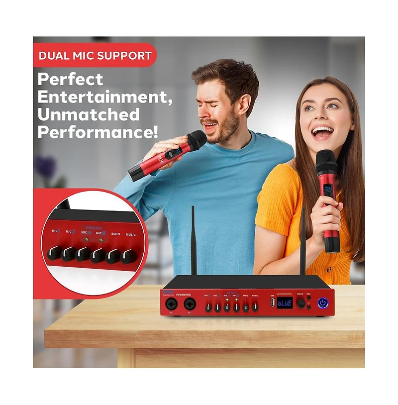 Pyle Uhf Wireless Microphone System with Bluetooth - Dual Channel, 2 Handheld Mics, Portable Mixer, Red