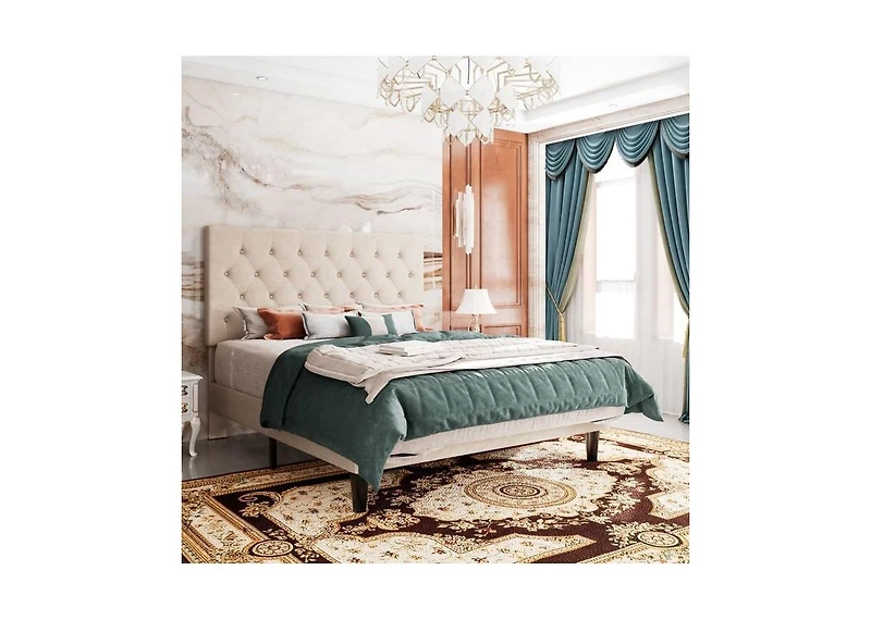 Linen Upholstered Platform Bed with Button-Tufted Headboard – Modern Bed Frame with Wood Slats, No Box Spring Needed