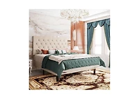 Linen Upholstered Platform Bed with Button-Tufted Headboard – Modern Bed Frame with Wood Slats, No Box Spring Needed