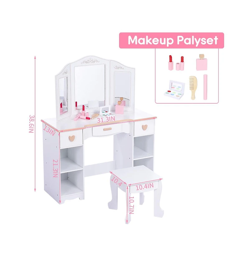 gaomon Kids 3 Drawer Wooden Dressing Table Round Mirror with Lights Stool