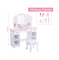 gaomon Kids 3 Drawer Wooden Dressing Table Round Mirror with Lights Stool