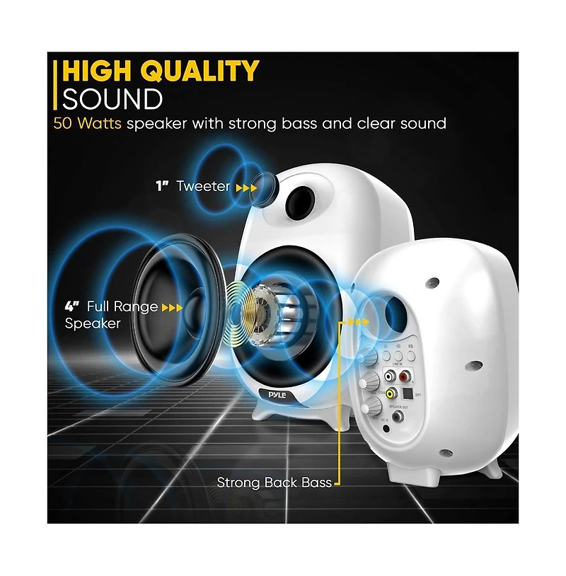 Pyle Hi-Fi Home Bookshelf Monitor Speakers, Bluetooth Desktop Stereo System with Remote Control, 60W Max, White