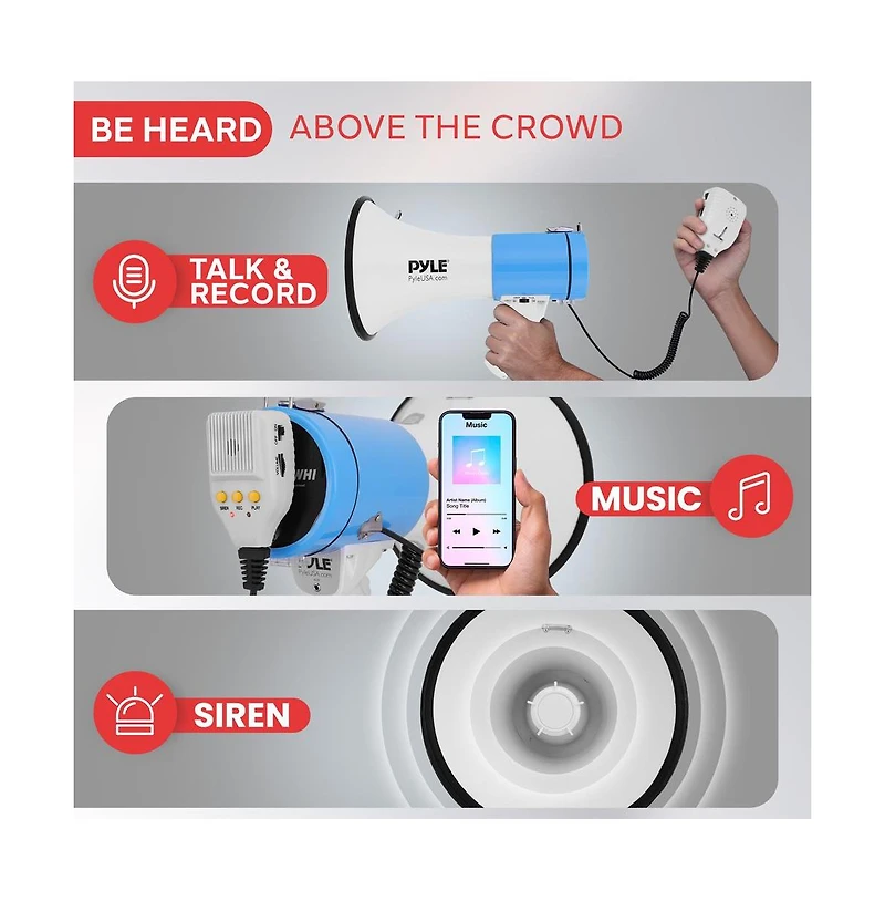 Pyle 50-Watt Portable Megaphone with Siren, MP3 Input, Adjustable Volume, Shoulder Strap, Lightweight White Bullhorn