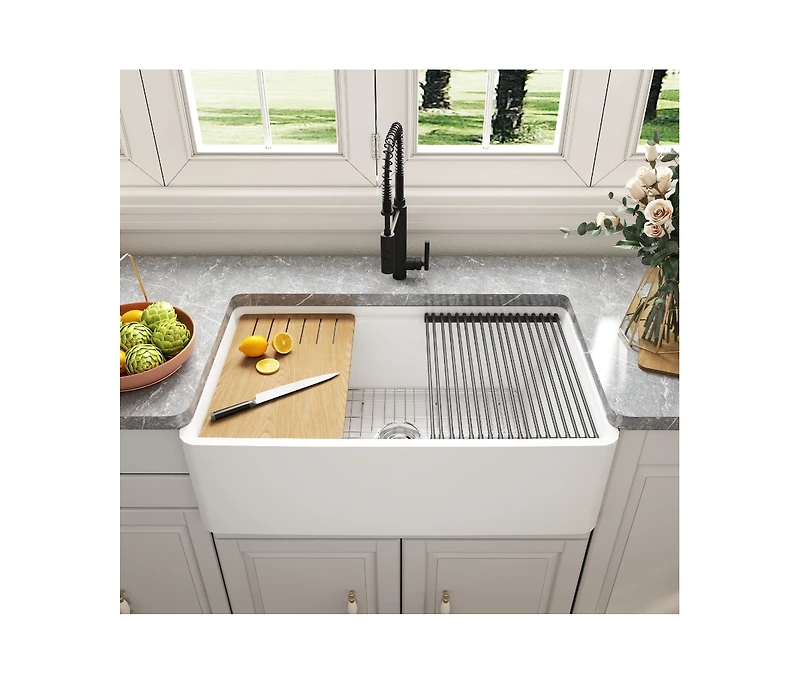 DeerValley 33" L X 20" W Single Basin Workstation Farmhouse Kitchen Sink With Sink Grid, Cutting Board And Dish-Drying Rack