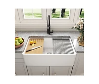 DeerValley 33" L X 20" W Single Basin Workstation Farmhouse Kitchen Sink With Sink Grid, Cutting Board And Dish-Drying Rack
