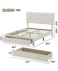 Queen Size Bed Frame with 1 Storage Drawers, Upholstered Platform Bed Frame