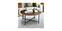 Modern Round Industrial Coffee Table – Wood Top with Metal Frame for Living Room or Lounge