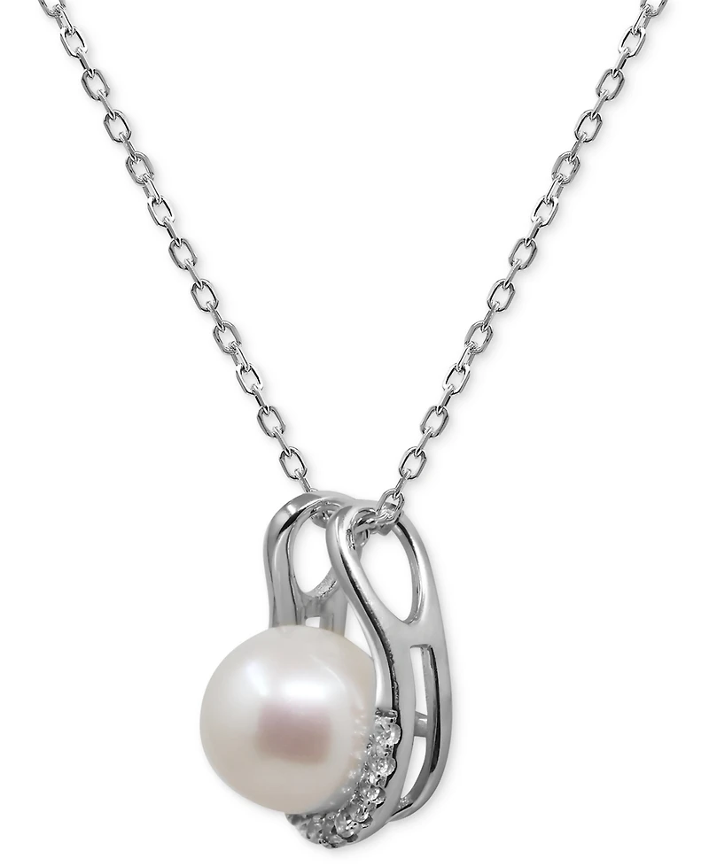 Cultured Freshwater Button Pearl (8mm) & Diamond (1/10 ct. t.w.) Open 18" Pendant Necklace in Sterling Silver