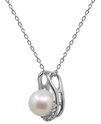 Cultured Freshwater Button Pearl (8mm) & Diamond (1/10 ct. t.w.) Open 18" Pendant Necklace in Sterling Silver