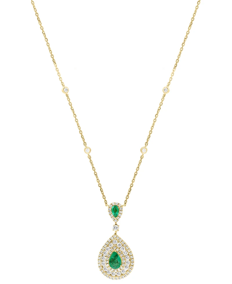 Effy Emerald (3/4 ct. t.w.) & Diamond (1-1/8 ct. t.w.) Double Pear Halo 18" Pendant Necklace in 14k Gold