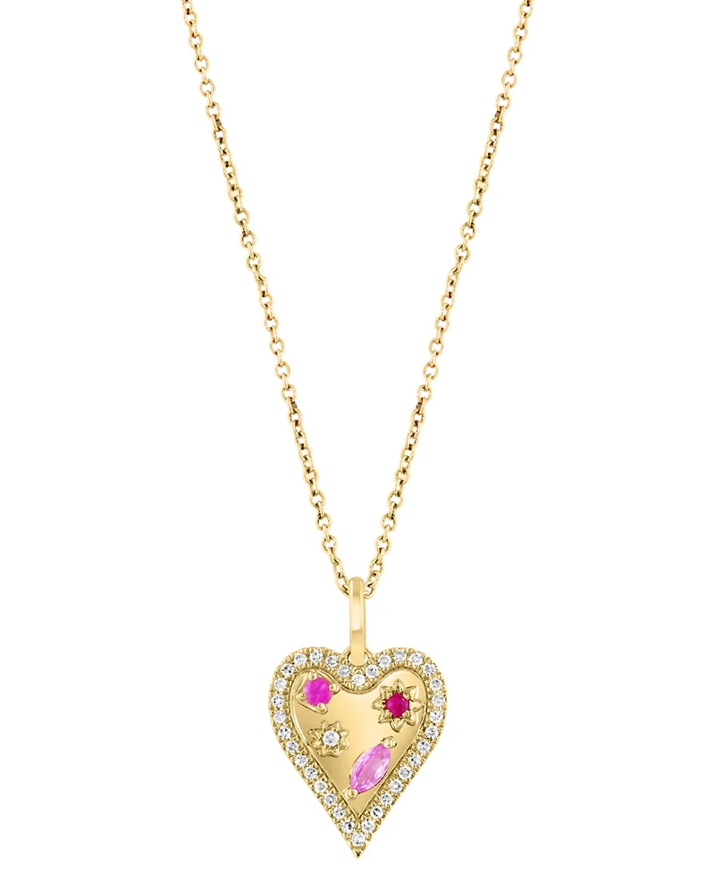 Effy Pink Sapphire (1/8 ct. t.w.), Ruby Accent, & Diamond (1/6 ct. t.w.) Heart Halo 18" Pendant Necklace in 14k Gold