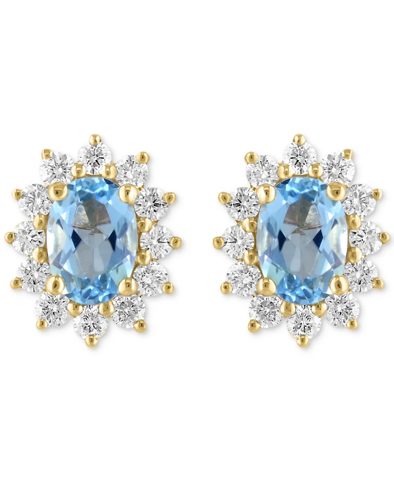 Effy Collection Diamond (5/8 ct. t.w.) & Aquamarine (1 ct. t.w.) Oval Halo Stud Earrings in 14k Gold