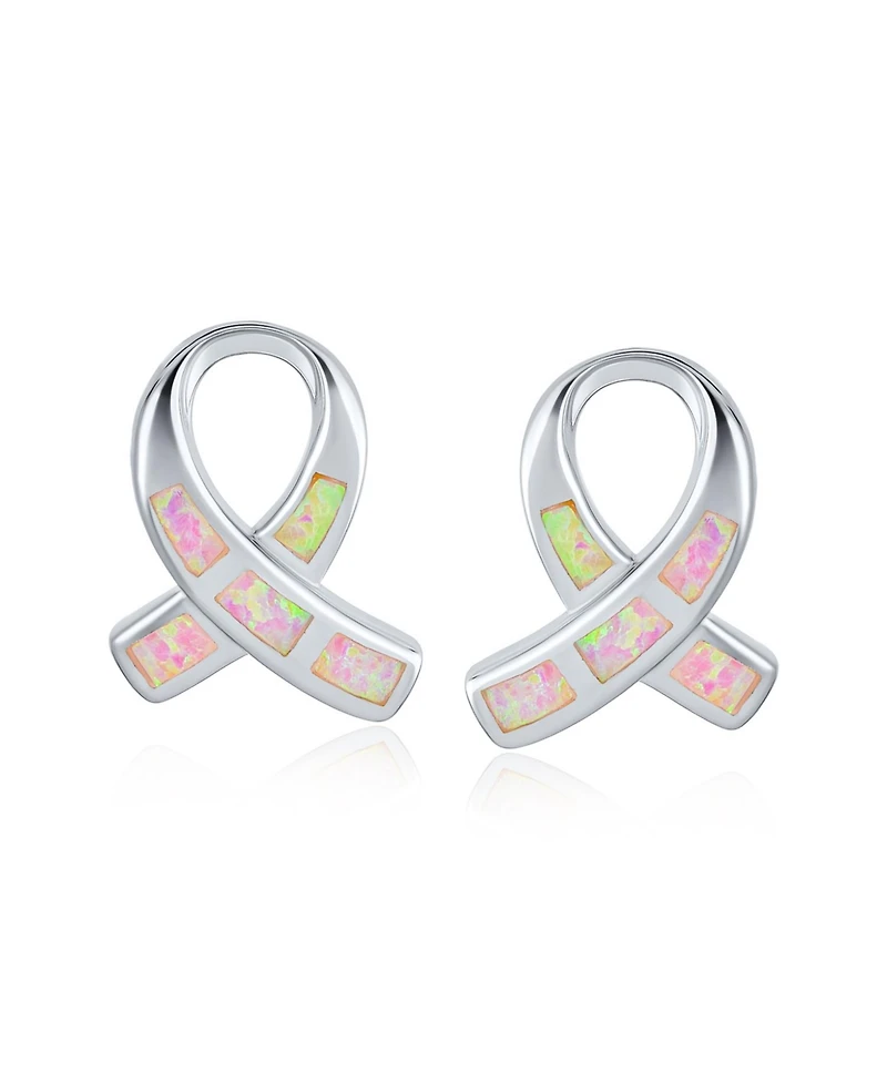 Bling Jewelry Pink Synthetic Opal Ribbon Breast Cancer Awareness Stud Earrings Sterling Silver 8MM