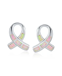 Bling Jewelry Pink Synthetic Opal Ribbon Breast Cancer Awareness Stud Earrings Sterling Silver 8MM