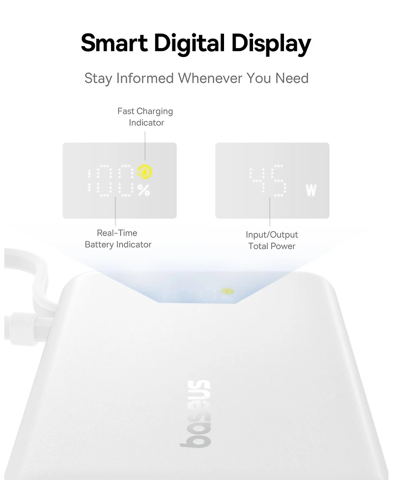 Baseus Power Bank, Picogo 10000mAh 45W 3-Output Portable Charger with Built-in Usb-c Cable, White