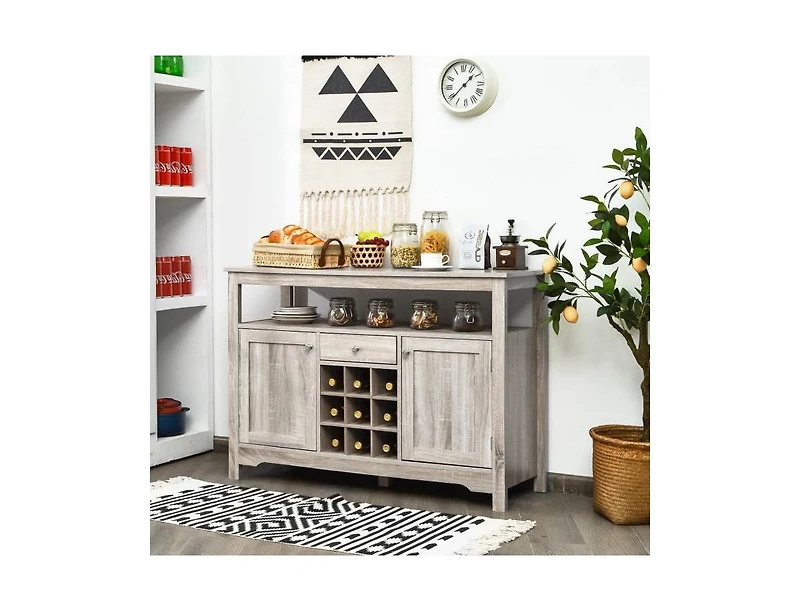 Kitchen Buffet Cabinet with Wine Rack – Wood Storage Sideboard with Open Shelf for Dishes and Bottles