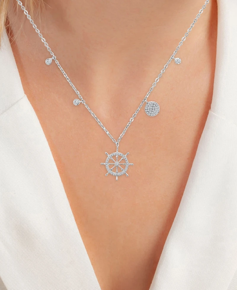 Cubic Zirconia Ship Wheel 18" Pendant Necklace in Sterling Silver