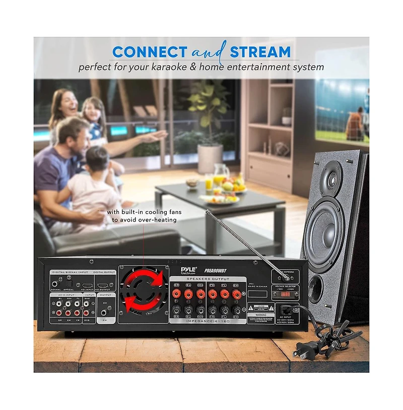 Pyle Stereo Bluetooth Home Theater Amplifier - Built-in Cooling Fan, Radio Antenna, Bt/Fm/Optical/Coaxial/Hdmi & Dual 10 Band Eq, 1600W