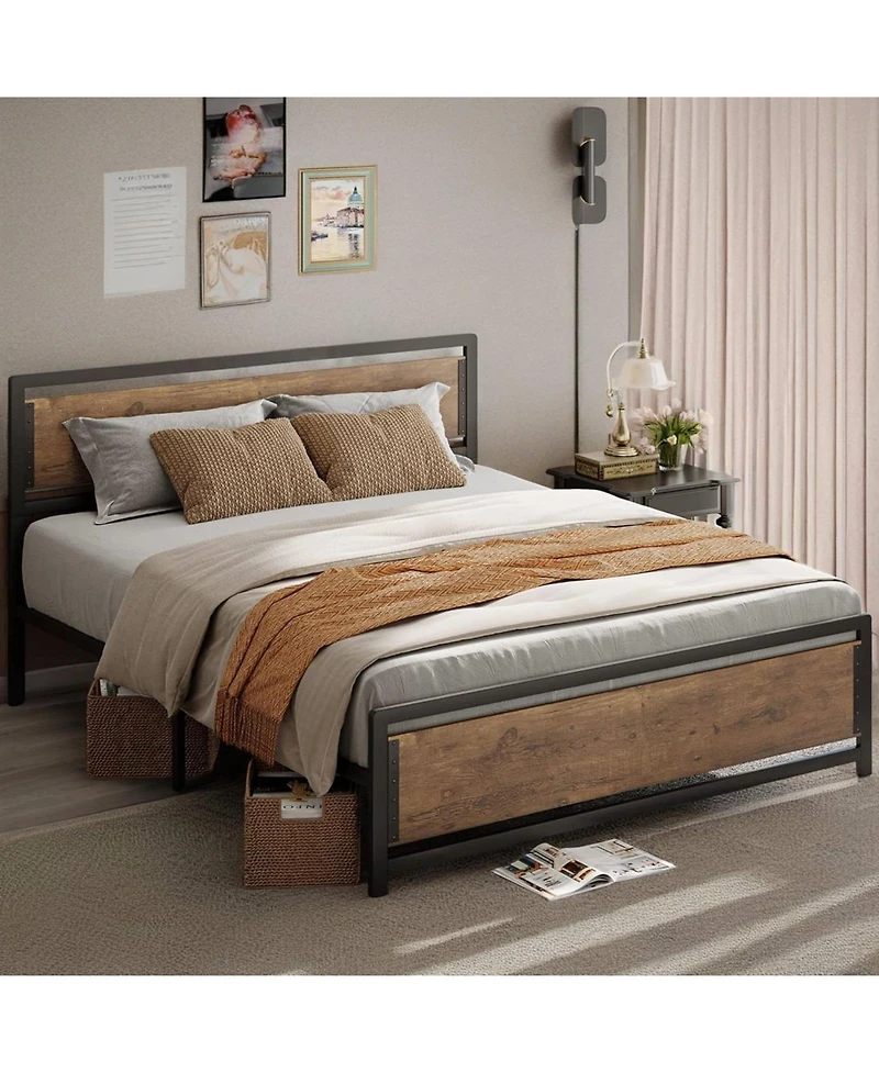 Slickblue Industrial Wood Platform Bed Frame with Headboard and Footboard for Modern Bedroom Decor