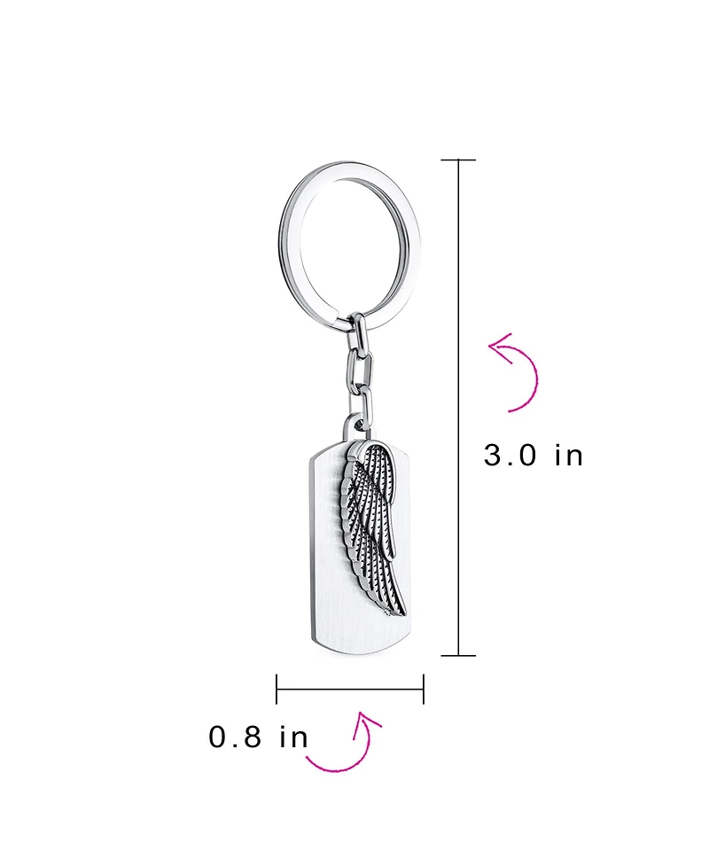 Bling Jewelry Guardian Angel Wing Feather Dog Tag Keychain Key Ring Holder Men Women Oxidized Stainless Steel