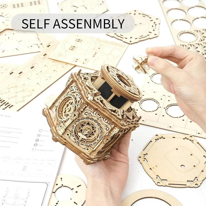 Robotime 3D Wooden Puzzles Delicate Box, Diy Model Kits, Romantic Gift Toy, Beige, 5.3"5.3"5.5